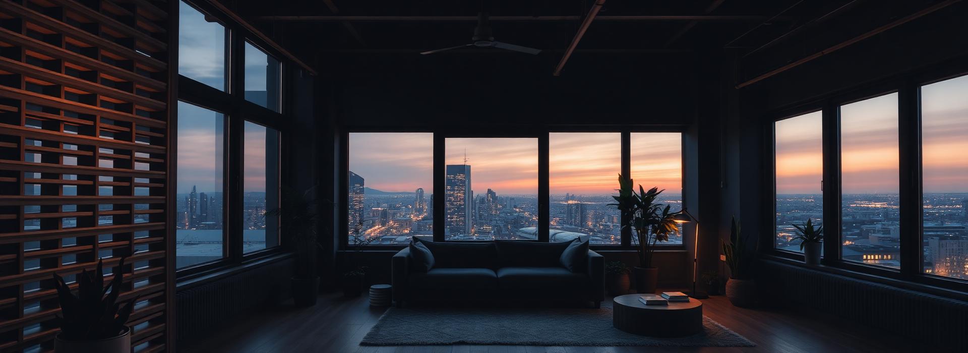 Salón moderno en penumbra con vistas nocturnas a la ciudad